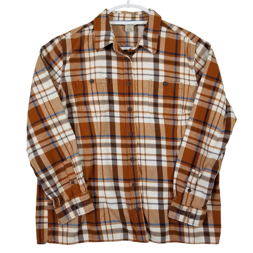 Duluth Trading Co Womens XL Flannel Shirt Plaid Orange Blue Cotton Button Down